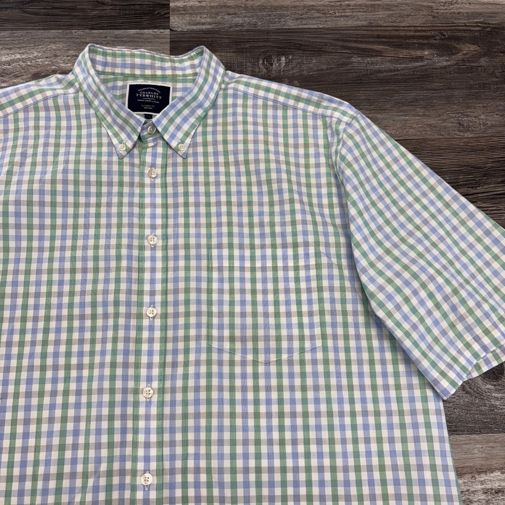 Charles Tyrwhitt Pastel Green Blue Gingham Mens 2XL Classic Fit Button Shirt